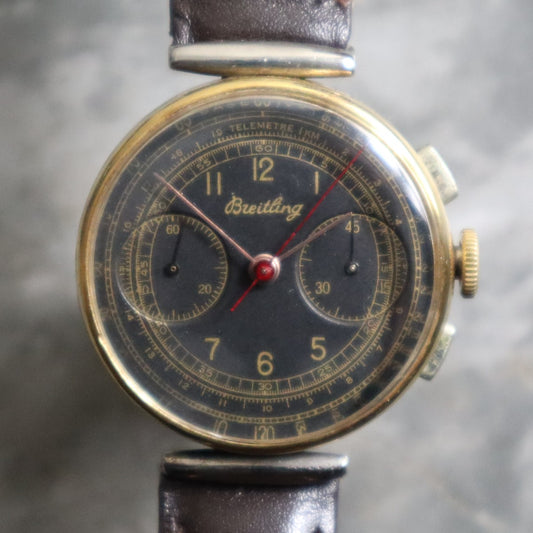 Breitling 789 1940s Rare Black Dial Gold and Steel Chronograph