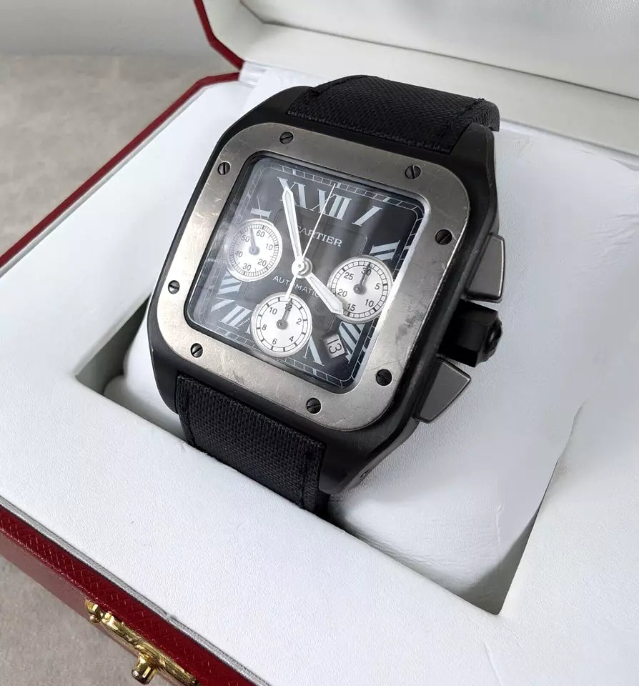 Cartier Santos 3104 100 XL Chronograph Carbon Automatic 45mm Full Box and Papers