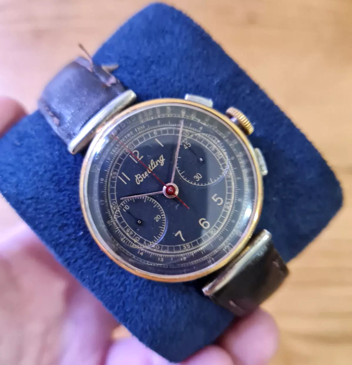 Breitling 789 1940s Rare Black Dial Gold and Steel Chronograph