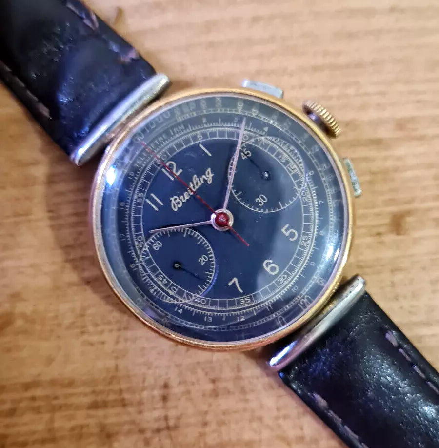 Breitling 789 1940s Rare Black Dial Gold and Steel Chronograph