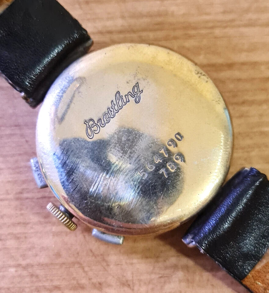 Breitling 789 1940s Rare Black Dial Gold and Steel Chronograph