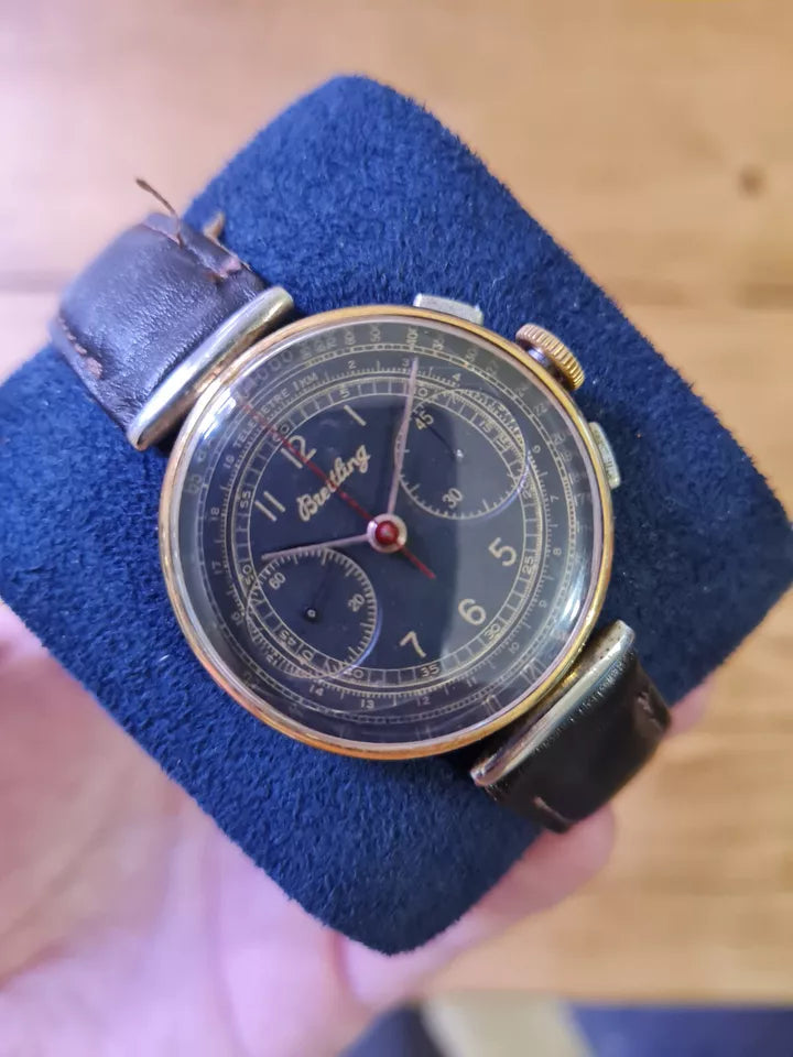 Breitling 789 1940s Rare Black Dial Gold and Steel Chronograph