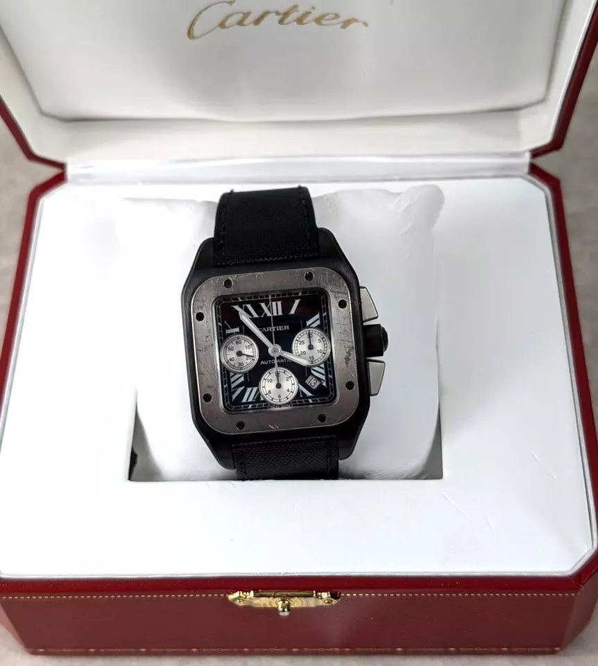 Cartier Santos 3104 100 XL Chronograph Carbon Automatic 45mm Full Box and Papers
